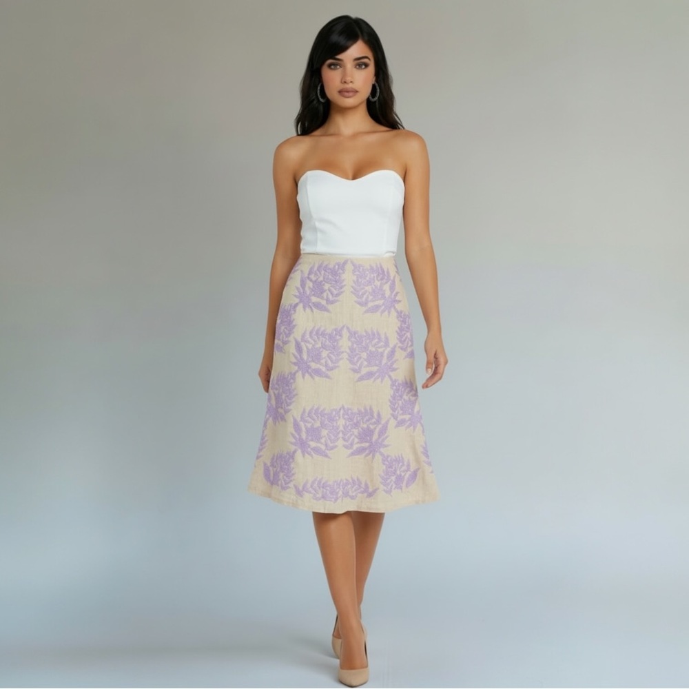 Tracy Reese Cream & Lavender Purple Embroidered Floral A-Line Linen Midi Skirt